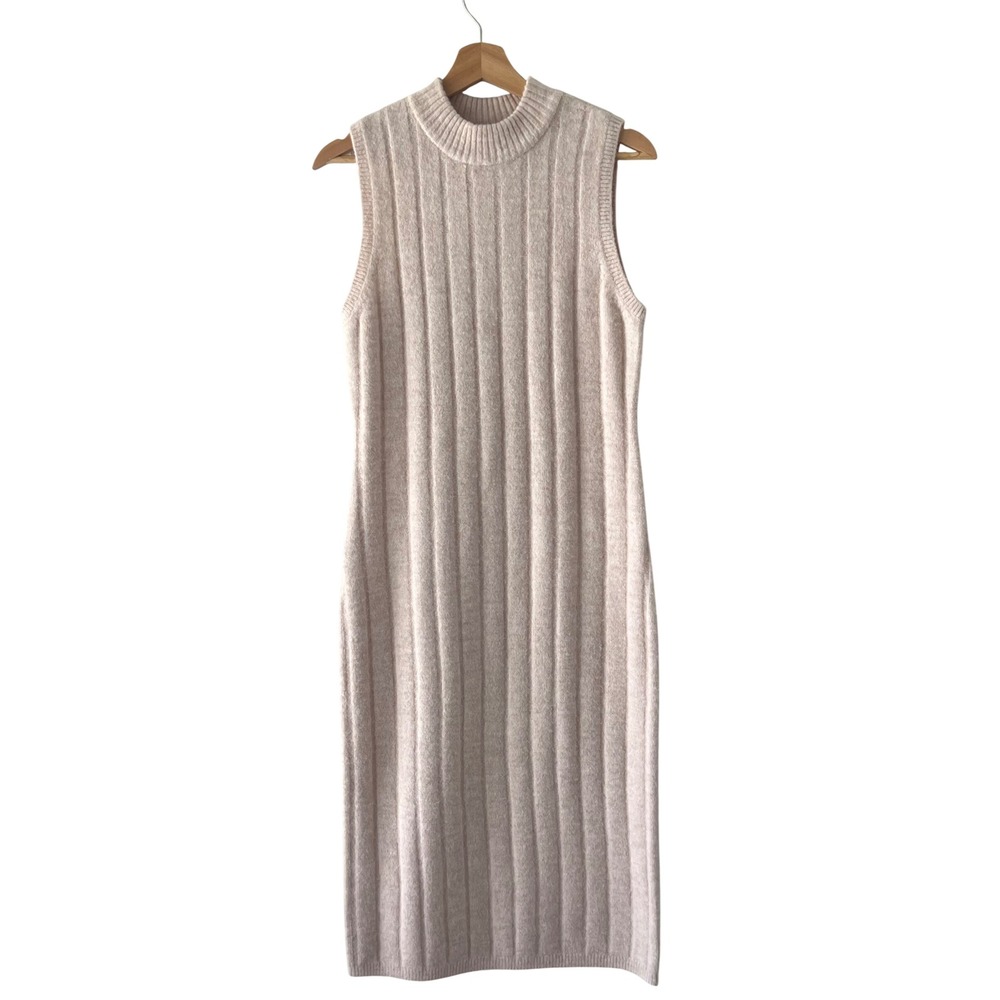 House of Harlow 1960 Ribbed Knit Sweater Dress Mock Neck Sleeveless Beige M